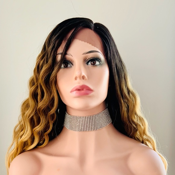 26” Water Wave Ombre Golden Brown/Blonde Premium Fiber Lace Front Wig - Picture 8 of 10